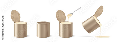 Metal tin realistic. Condensed milk. Condensed milk can. 3D vector illustration on white background