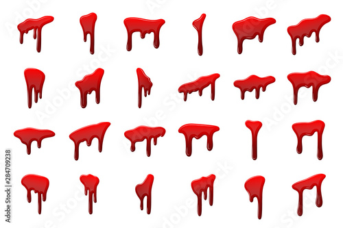 Blood drip 3D set. Drop blood isloated white background. Happy Halloween decoration design. Red splatter stain, splash spot, horror blot. Bleeding bloodstain texture. Liquid paint. Vector illustraton