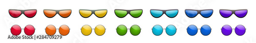 Round multicolor sunglasses 3D set. Summer sunglass shade isolated white background. Color sun glass. Realistic design eye sight protection. Fashion eyeglasses. Beach accessory. Vector illustration