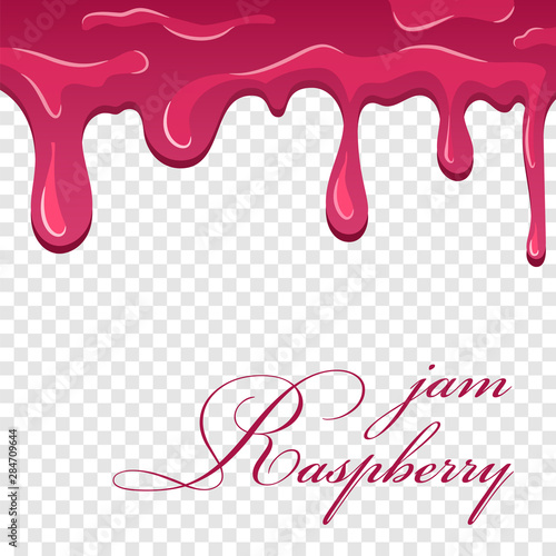 Raspberry jam cartoon. Flowing melting fruit sauce isolated transparent background. Realistic jelly berry confiture. Candy dripping dessert. Drop delicious food. Splash texture. Vector illustration