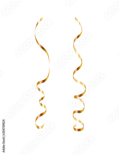 Gold ribbon serpentine set. Golden curly ribbon isolated white background. Decoration for carnival, Christmas party, birthday celebration. Holiday shiny design. Streamers confetti. Vector illustration