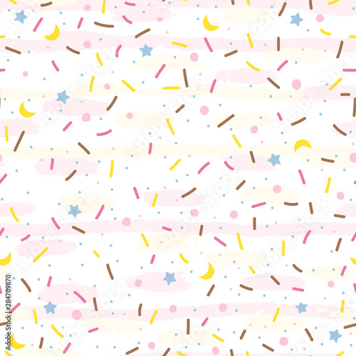 Colorful seamless vector confetti pattern. Bakery themed donut, doughnut or cupcake sugar sprinkle background.