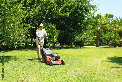 Old gardener with lawn mower in green garden