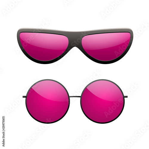 Sunglasses icons set. Pink sun glasses isolated white background. Fashion pink vintage graphic style. Female modern optical beach accessory. Eye summer protection. Eyesight symbol. Vector illustration