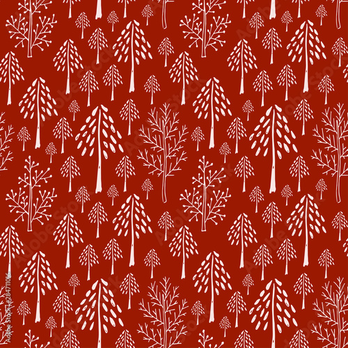 Trees seamless pattern in red colors. Scantinavian trees background. Pattern design for textile print. Christmas wrapping paper.