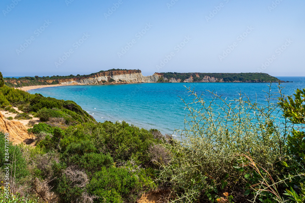 View over the bay and beach of Gerakas and the rocky peninsula. Protected hatchery of carretta caretta sea turtles, Zakynthos, Greece