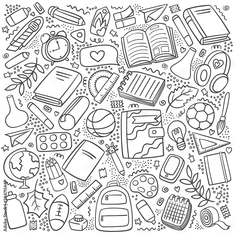 Back to school outline set. School supplies and tools. First day of school. Education collection icons in line. Pen, pencil, book, ball, globe, ball, backpack, chemistry flasks, brush, ruler - vector