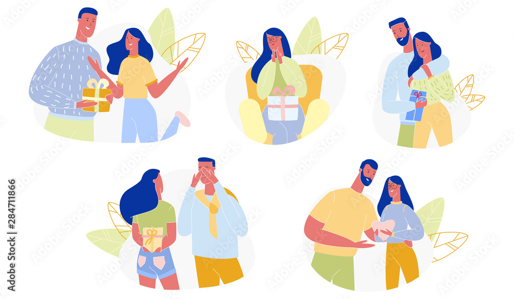 Loving Couple Presenting Gifts Set. Happy People Cartoon Loving Couple Presenting Gifts Set. Happy People Cartoon