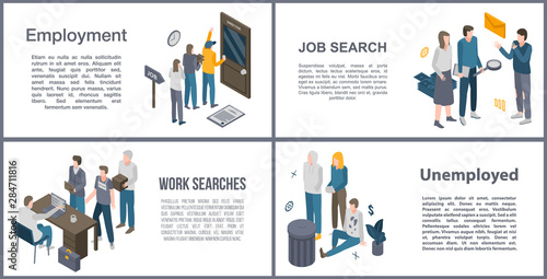 Unemployed office banner set. Isometric set of unemployed office vector banner for web design