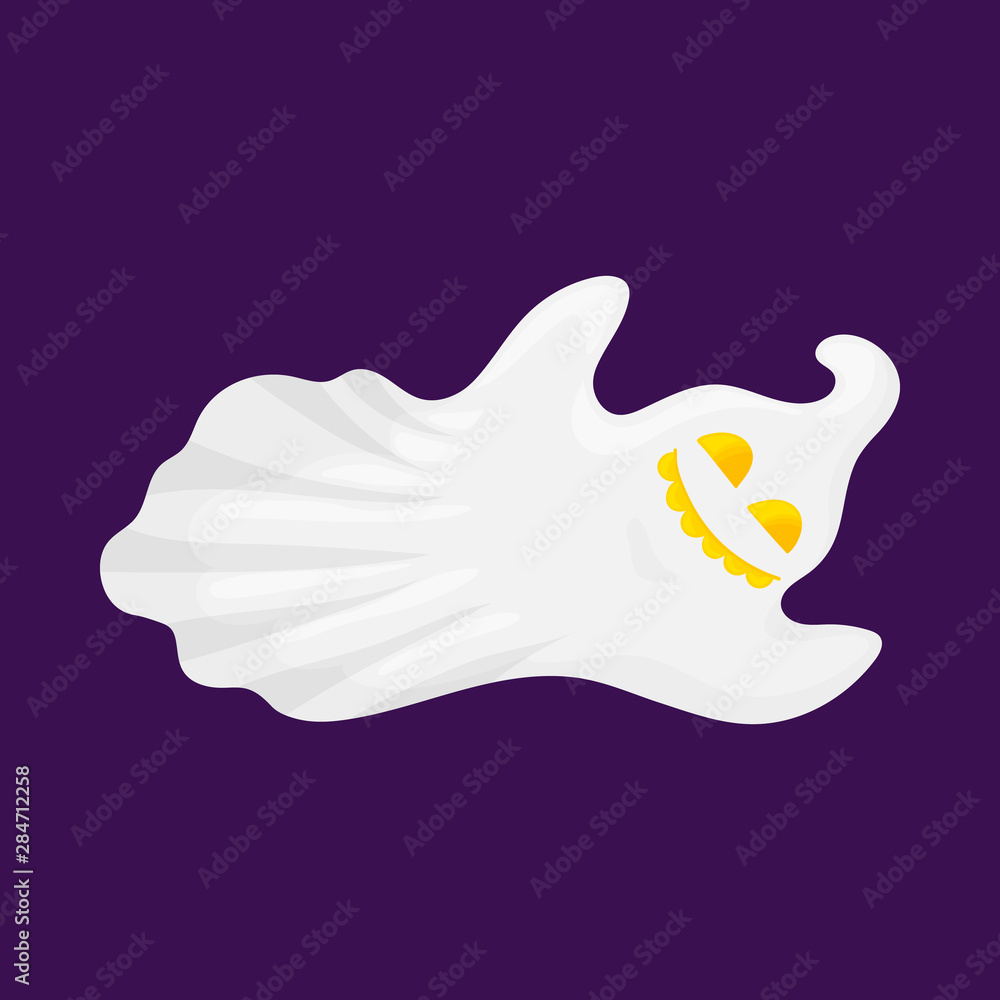 Ghost characters. A creepy white spirit flies with a scary and sweet face. Cartoon and flat style. Vector illustration on white background.