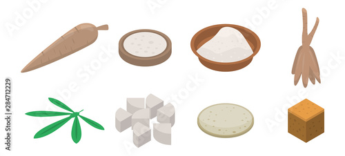 Cassava icons set. Isometric set of cassava vector icons for web design isolated on white background