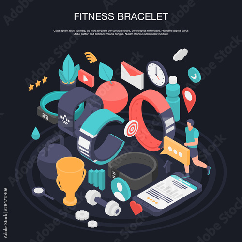 Smart fitness bracelet concept banner. Isometric illustration of smart fitness bracelet vector concept banner for web design