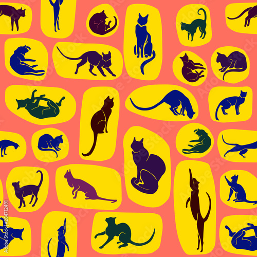 Fototapeta Naklejka Na Ścianę i Meble -  Hand Drawn Vector Cat Silhouette pattern