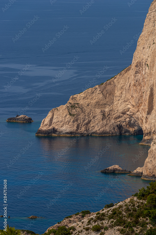 View over the cliffs near the Navagio beach in the northwest of the island of Zakynthos, Greece