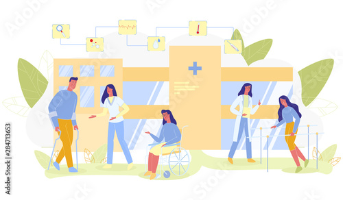 People with Disabilities in Rehab Flat Cartoon