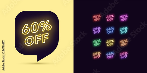 Neon Discount Tag, 60 Percentage Off. Offer Sale