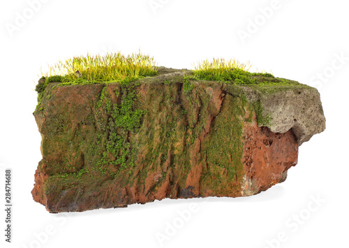 Old building brick covered with moss isolated on white background