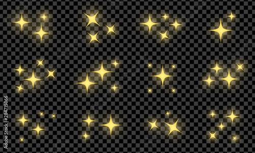 Yellow bright glowing and shining star flares effect isolated on transparent background. Vector illustration