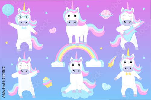 Fototapeta Naklejka Na Ścianę i Meble -  Set of funny unicorns. Cartoon characters playing guitar, dancing, sitting on a cloud.
