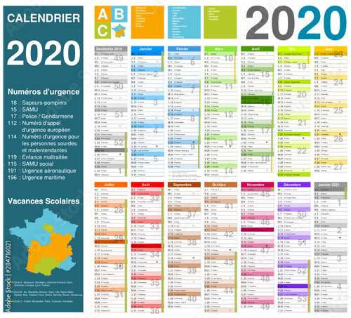 Calendrier 2020 14 mois avec vacances scolaires officielles 2020 / 2021 entièrement modifiable via calques et texte arial