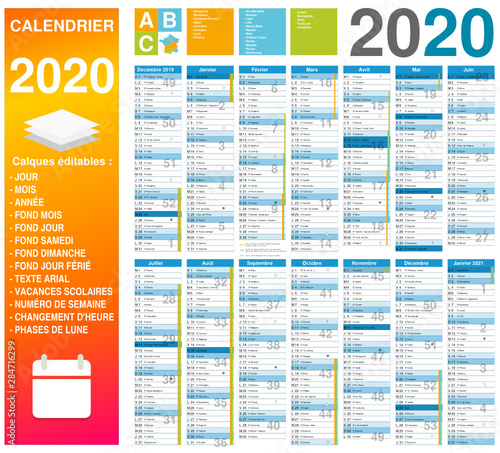 Calendrier 2020 14 mois avec vacances scolaires officielles 2020 / 2021 entièrement modifiable via calques et texte arial