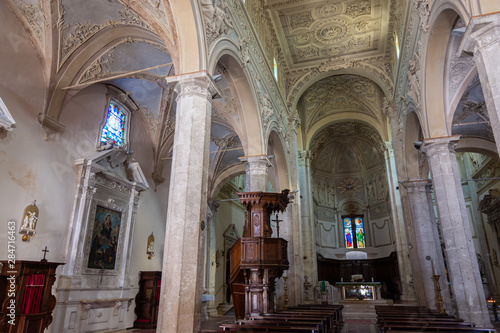 Pacentro, L'Aquila, Abruzzo, church of S. Maria Maggiore. It dates back to the 13th century  It has a white stone façade, divided into three parts by baroque pilasters with three portals. photo