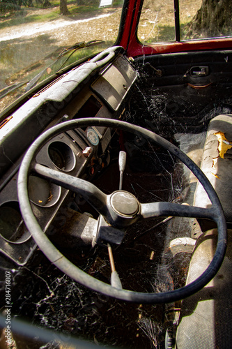 Spider cobweb in the interior of an abandoned t2 truck
