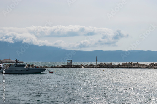 Italian Guardia di Finanza boat docked at an Albanian police harbor to help Albanian police patrolling their territorial waters from criminals and drug dealers.