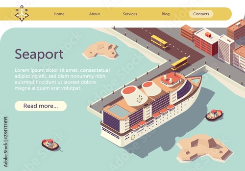 Seaport Isometric Text Banner with Ocean Liner