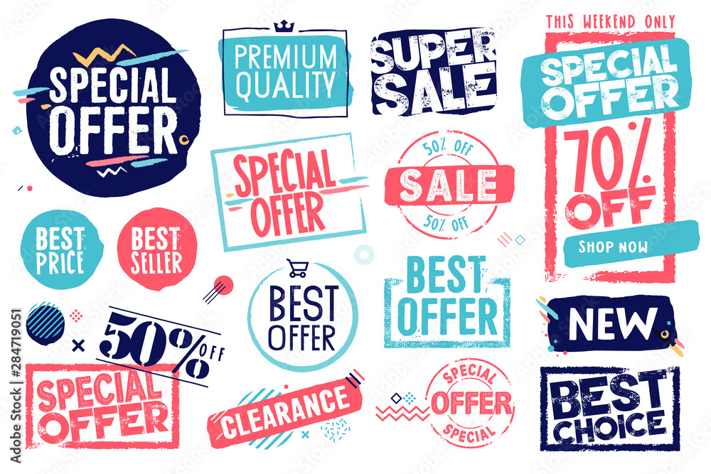 Set of labels and stickers for sale, product promotion, special offer, shopping, e-commerce. Isolated vector illustrations for web design and marketing material.
