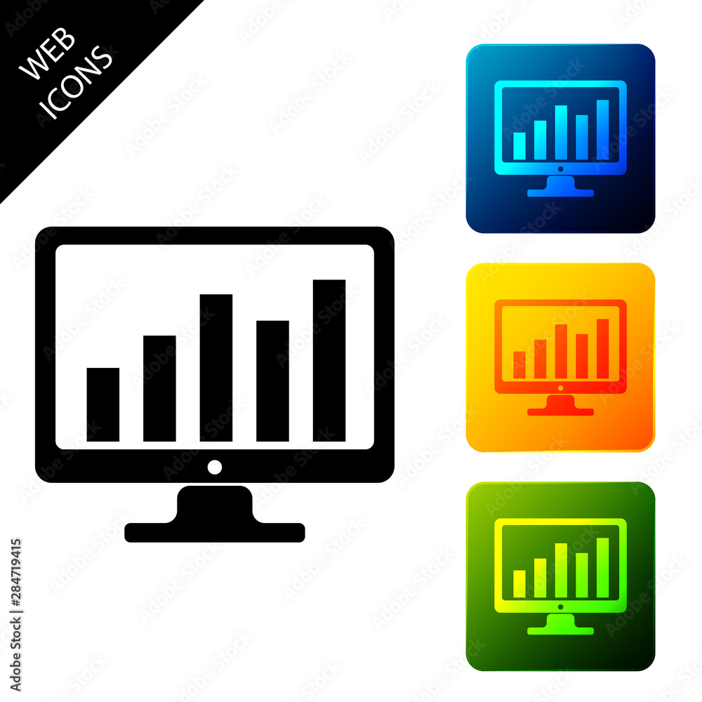 Computer screen with financial charts and graphs icon isolated on white background. Chart bars and financial analytics. Set icons colorful square buttons. Vector Illustration Computer screen with financial charts and graphs icon isolated on white background. Chart bars and financial analytics. Set icons colorful square buttons. Vector Illustration