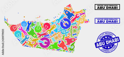 Vector composition of tools Abu Dhabi Emirate map and blue stamp for quality product. Abu Dhabi Emirate map collage composed with tools, wrenches, industry symbols.