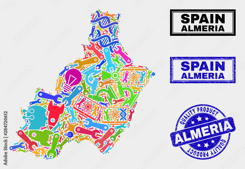 Vector collage of service Almeria Province map and blue seal for quality product. Almeria Province map collage made with equipment, wrenches, industry icons.