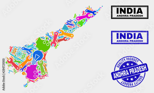 Vector combination of service Andhra Pradesh State map and blue stamp for quality product. Andhra Pradesh State map collage created with equipment  spanners  production icons.