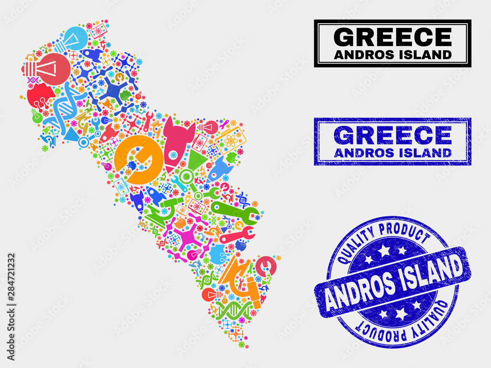 Vector collage of tools Andros Island of Greece map and blue stamp for quality product. Andros Island of Greece map collage constructed with tools, spanners, production symbols. Vector collage of tools Andros Island of Greece map and blue stamp for quality product. Andros Island of Greece map collage constructed with tools, spanners, production symbols.