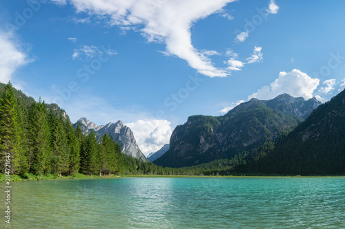 Beautiful panoramic view of Lago di Dobbiaco and Italian Alps