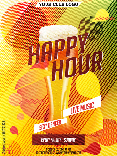 Happy hour Vector invitation & flyer with realistic beer glass and geometric shapes. Memphis style cover. Beer glass and abstract geometric shapes. Poster, promotion design EPS 10