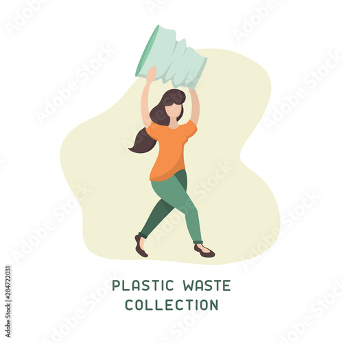 Plastic waste collection placard concept with girl collects trash