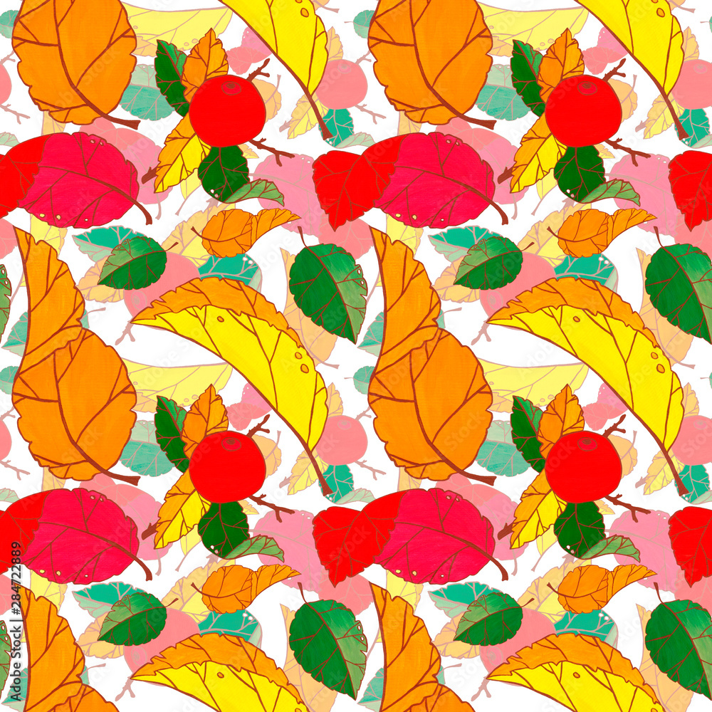 Bright seamless pattern with multi-colored autumn leaves and fruits of apple tree Bright seamless pattern with multi-colored autumn leaves and fruits of apple tree