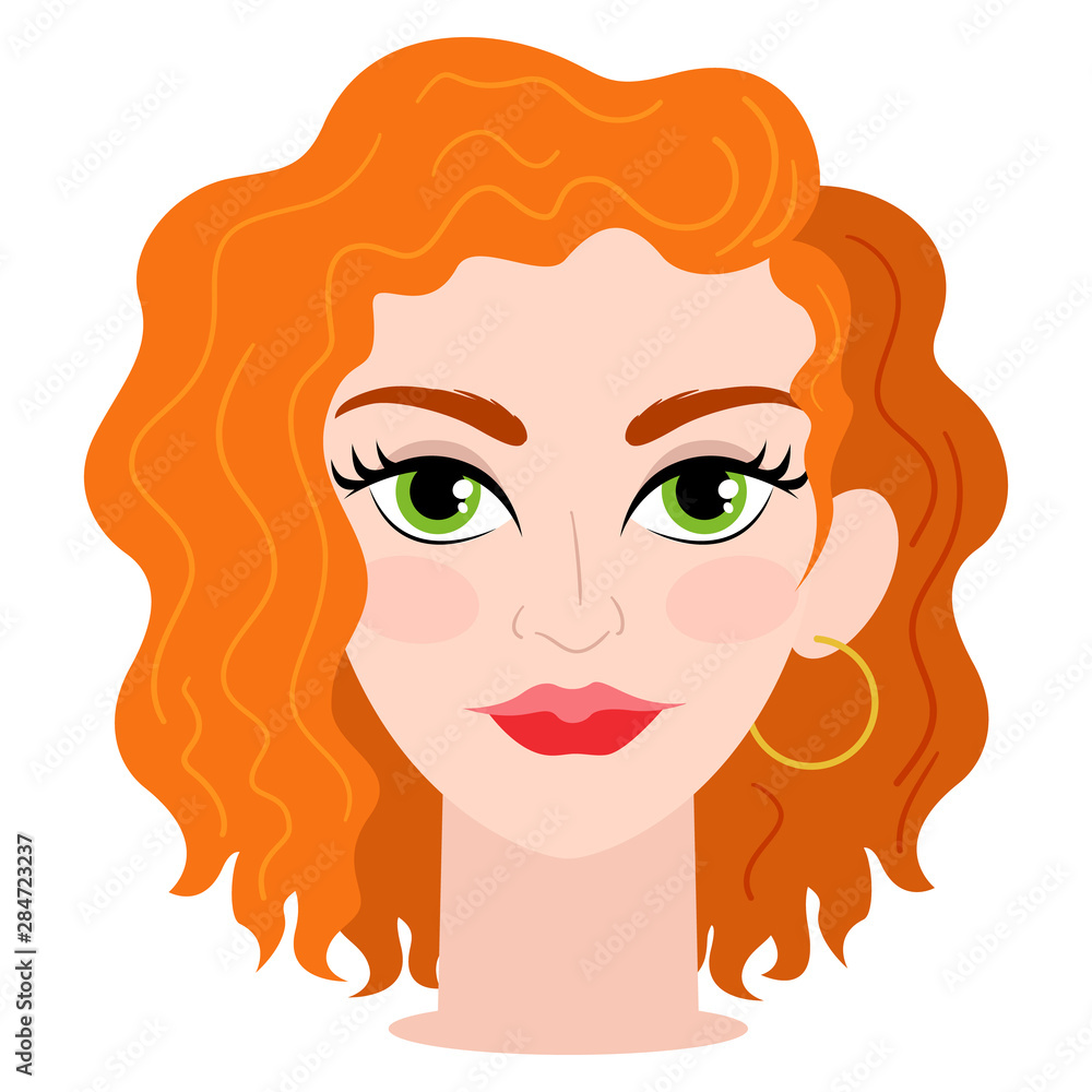 Red curly-haired woman with green eyes. Vector. Red curly-haired woman with green eyes. Vector.