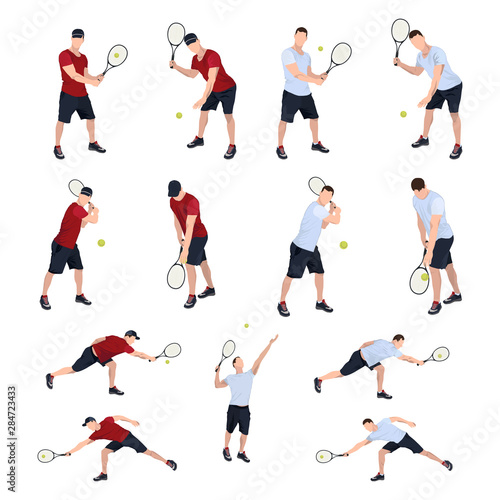 Tennis player with ball and racket set, vector flat isolated illustration