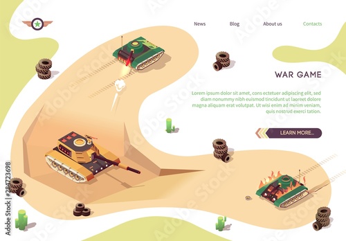 Action War Game Isometric Banner with Tank Battle