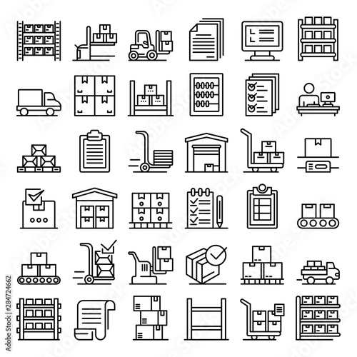 Inventory icons set. Outline set of inventory vector icons for web design isolated on white background photo