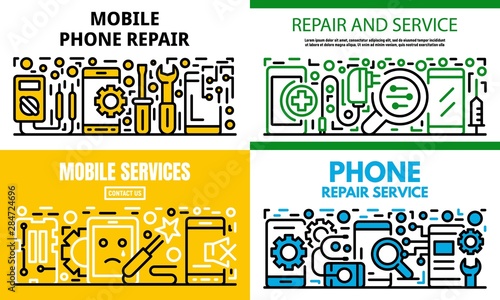 City mobile phone repair banner set. Outline set of city mobile phone repair vector banner for web design