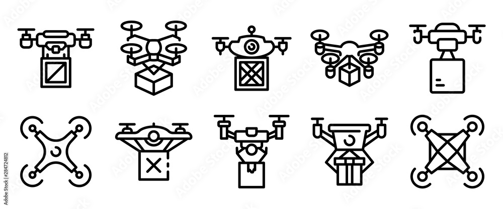 Drone delivery service icons set. Outline set of drone delivery service ...