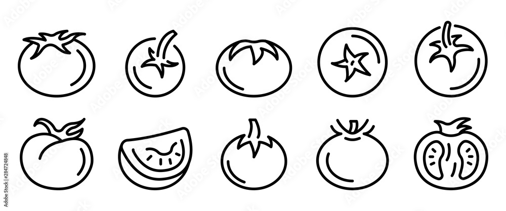 Tomato icons set. Outline set of tomato vector icons for web design isolated on white background Tomato icons set. Outline set of tomato vector icons for web design isolated on white background