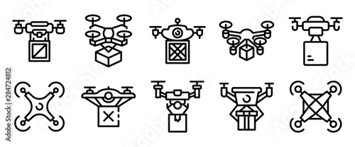 Drone delivery service icons set. Outline set of drone delivery service vector icons for web design isolated on white background
