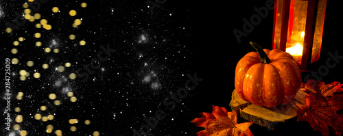 Bright pumpkin on a black background. Halloween and Thanksgiving traditional decoration. Place for text..Autumn cozy background. Place for text.