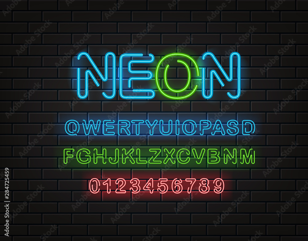 Fototapeta premium Neon font clipart. Latin alphabet and digits on a brick wall