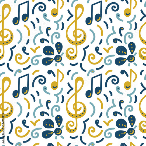 Seamless pattern. Doodle vector background, music concert festival. Musical note, treble clef, flowers